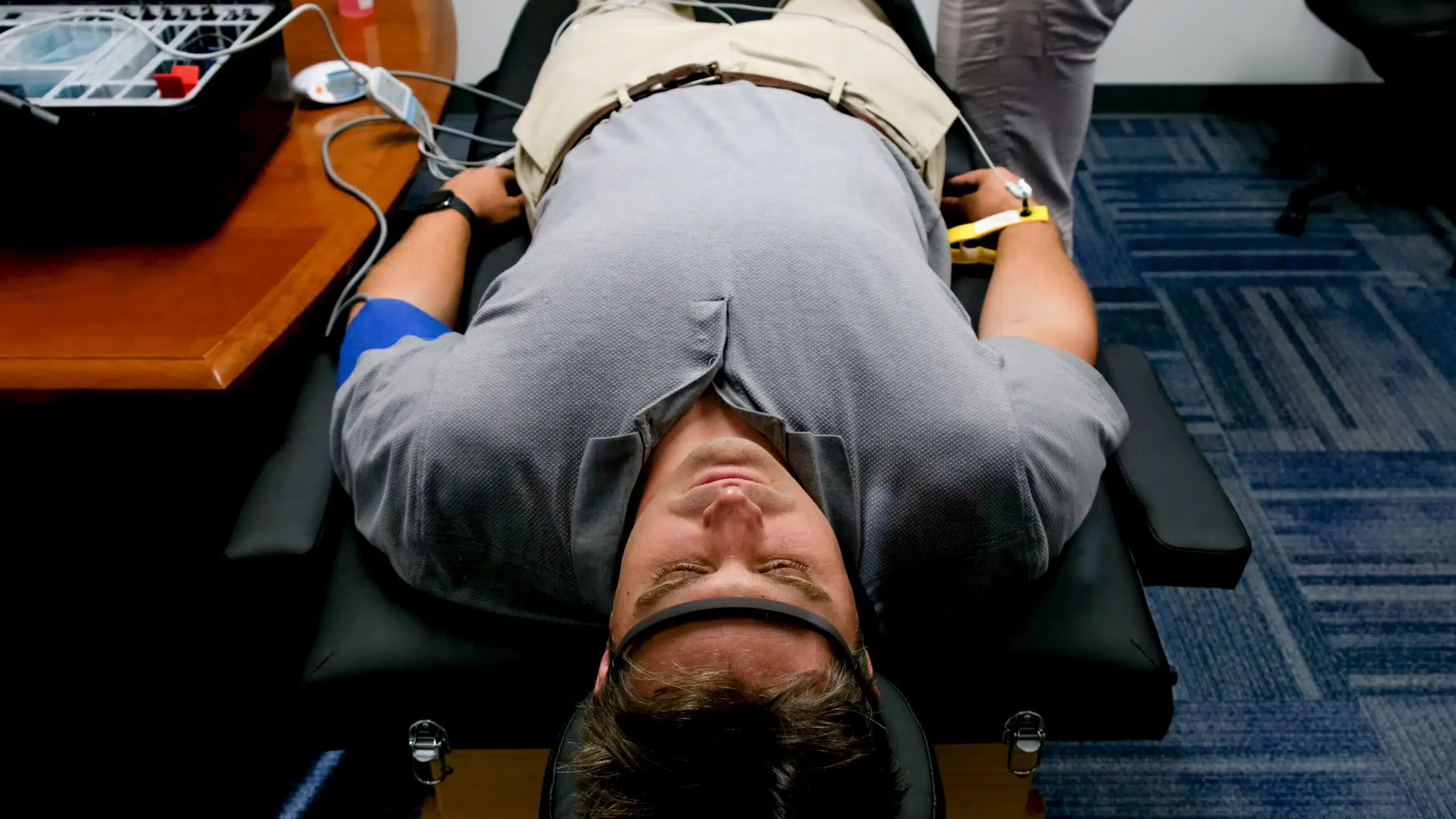 Man participating in AWARE Program stress and fatigue test.